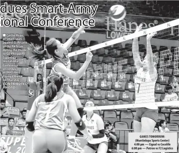 ??  ?? Caitlin Viray of Smart soars against CJ Rosario of the PH Team during the Chooks to Go-Philippine Superliga Invitation­al Conference yesterday at the Filoil Flying V Arena on Thursday. GAMES TOMORROW: (Muntinlupa Sports Center) 4:00 pm — Cignal vs...