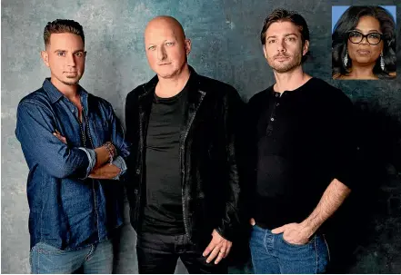  ?? AP ?? Wade Robson, left, and James Safechuck, right, worked with director Dan Reed, centre, on Leaving Neverland, which makes explosive claims of child sexual abuse against the late Michael Jackson. They have won the support of Oprah Winfrey, inset, herself a sexual abuse survivor, who says the issue is ‘‘bigger than any one person’’.