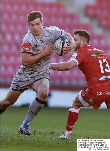  ??  ?? AJ Mcginty of Sale Sharks breaks past Steff Hughes on a dismal evening for the Scarlets in the Heineken Champions Cup.
Picture: Getty Images