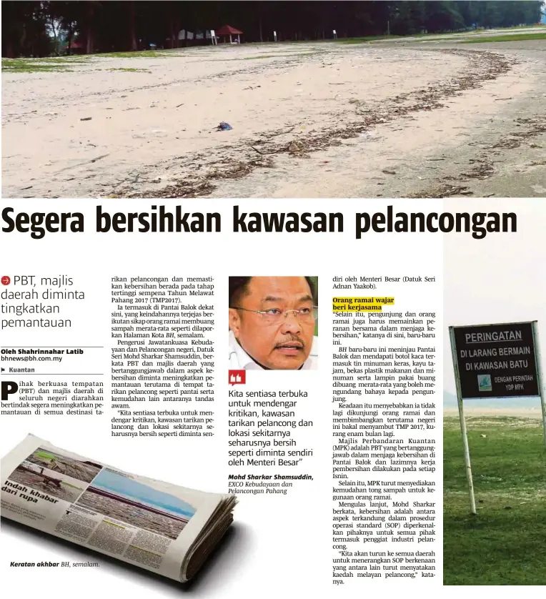  ??  ?? Keratan akhbar BH, semalam. BH, Mohd Sharkar Shamsuddin, EXCO Kebudayaan dan Pelanconga­n Pahang BH