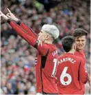  ?? Clive Brunshill/Getty Images ?? First goal: Alejandro Garnacho of Manchester United celebrates scoring his team's first goal against West Ham United at Old Trafford. in Manchester. /