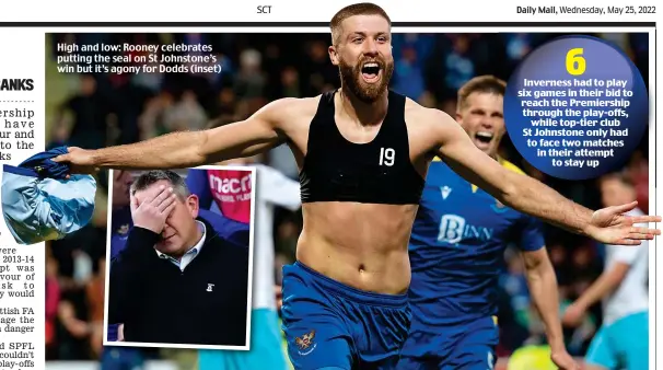 ?? ?? High and low: Rooney celebrates putting the seal on St Johnstone’s win but it’s agony for Dodds (inset)