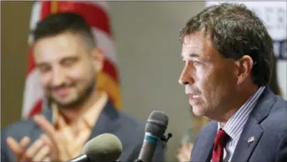  ?? JAY LAPRETE — THE ASSOCIATED PRESS ?? Troy Balderson, Republican candidate for Ohio’s 12th Congressio­nal District, speaks to a crowd of supporters during an election night party Tuesday in Newark, Ohio.