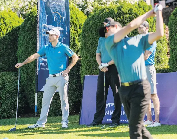 ?? DARREN MCDONALD/UFV ?? Abbotsford’s Nick Taylor, left, took a break from competitio­n to host the inaugural Nick Taylor Charity Pro-Am at the Ledgeview Golf Club this week. The two-day event raised funds for the Starfish Pack food program, Holmberg House and the UFV golf...