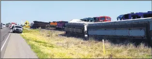  ?? COURTESY OF ROSWELL POLICE DEPARTMENT ?? This was the scene Tuesday morning in Chaves County at the site of head-on collision between two freight trains about 10 miles southeast of Roswell. One crew member, identified as Jesse T. Coburn III, 48, of Texico, was pronounced dead at the scene.