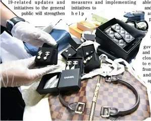  ?? PHOTOGRAPH BY ANTHONY CHING FOR THE DAILY TRIBUNE @tribunephl_ton ?? Smuggle attempt Bag, shoes, wallets and other gadgets are among the items seized by Customs police at NAIA with a declared value of P15 million. They were fraudulent­ly declared as personal effects.