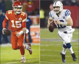  ?? The Associated Press ?? Today’s playoff game between the Kansas City Chiefs and Indianapol­is Colts features a quarterbac­k showdown between Patrick Mahomes, left, and Andrew Luck.