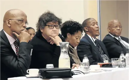  ?? /IAN LANDSBERG ?? Public Enterprise­s Minister Lynne Brown, second left, and Eskom chairman Ben Ngubane, extreme right, answer questions from MPs about Brian Molefe’s reinstatem­ent as Eskom CEO.