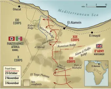  ??  ?? The second battle of El Alamein saw the Eighth Army punching holes in Axis defences and then employing overwhelmi­ng firepower to subdue the enemy, as our map shows