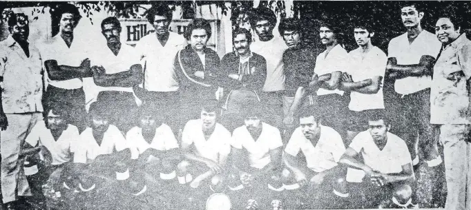  ?? Picture: SUPPLIED ?? These are the men whose efforts got two of the great moments in Fiji soccer. They’re the national reps who in 1977 beat Australia’s World Cup side 1-0 and drew with Taiwan. Kneeling (from left): Madhawan, Anand Sami, Mukesh Chand, Mike Tuilawa, Akariva, John Monday. Standing: Chandra Dip Sharma (manager), Jimmy Okete, Jo Tubuna, Tevita Delana, John Grey, John Lal (coach), Savenaca Waqa, Vula Wate, Hussein Sahib, Mun Lal (vice-captain), George Koi (captain), Moti Musadilal (co-manager).