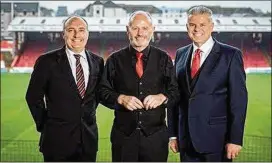  ?? MLSSOCCER.COM ?? Atlanta United President Darren Eales (from left), outgoing Aberdeen chairman Stewart Milne and incoming owner and chairman Dave Cormack.