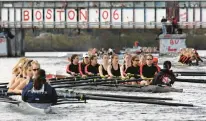  ?? CHITOSE SUZUKI/AP ?? Competitor­s head to the starting line for Collegiate Women’s Eights during the Head of the Charles Regatta in Cambridge, Mass., in October 2006.