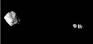  ?? NASA/GODDARD/SWRI/JOHNS HOPKINS APL ?? … NOW THERE ARE TWO OF THEM! Six minutes after Lucy’s closest approach to Dinkinesh, the craft snapped this image, revealing that the satellite is a contact binary.