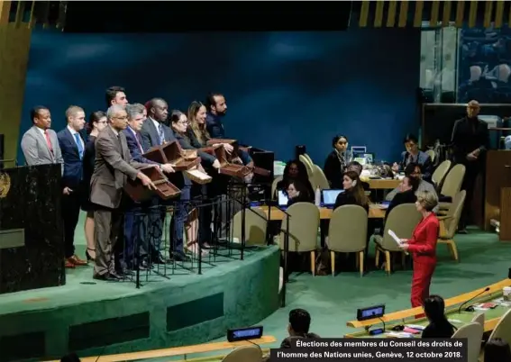  ??  ?? Élections des membres du Conseil des droits de l'homme des Nations unies, Genève, 12 octobre 2018.