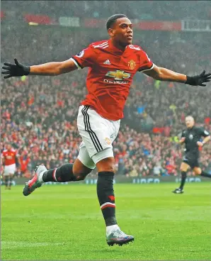  ?? ACTION IMAGES VIA REUTERS ?? Manchester United striker Anthony Martial celebrates his 81st-minute goal in Saturday’s 1-0 Premier League victory over Tottenham Hotspur at Old Trafford on Saturday. The France internatio­nal’s winner kept United five points behind leader Manchester...