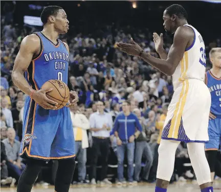  ?? BEN MARGOT/THE ASSOCIATED PRESS ?? Oklahoma City’s Russell Westbrook and Golden State’s Kevin Durant will be reunited at the NBA All-Star Game.