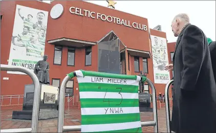  ??  ?? A poignant dedication to Miller outside Celtic Park before yesterday’s Scottish Cup clash against Partick