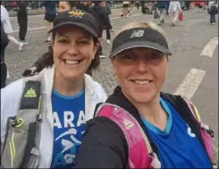  ?? ?? Ashford Striders' Sarah Martins and Lorna Cheshire are all smiles at the Paris Marathon