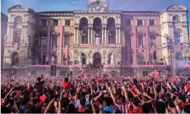  ?? Photograph: Javier Zorrilla/EPA ?? Athletic Club supporters in the Basque city of Bilbao celebrate the club’s momentous Copa del Rey win against Mallorca.