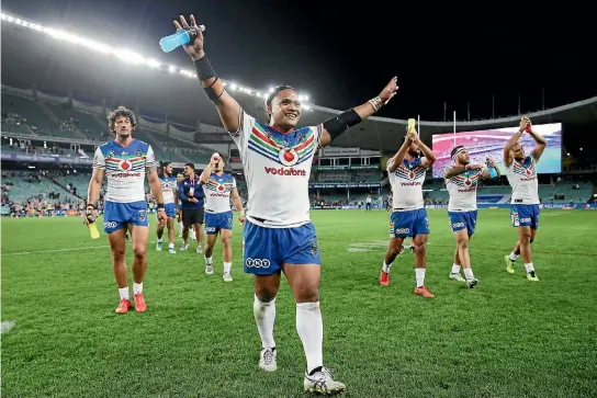  ?? GETTY IMAGES ?? Solomone Kata leads the celebratio­ns after the Warriors beat the Sydney Roosters, their fourth win from four matches in the NRL this season.