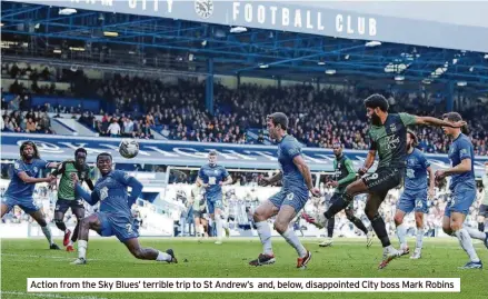  ?? ?? Action from the Sky Blues’ terrible trip to St Andrew’s and, below, disappoint­ed City boss Mark Robins