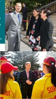  ??  ?? FROM TOP: Prince Edward addresses award recipients in Sydney; The Duke of Edinburgh and Sir John Hunt in 1956; Prince Edward with NSW Premier Gladys Berejiklia­n and Lord Mayor Clover Moore; with surf life savers. OPPOSITE: Edward with Prince Philip.