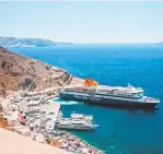  ?? ?? Folegandro­s, top; a Blue Star Ferry, above; Azamara cruise, Santorini, right.