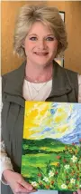  ?? (Contribute­d) ?? Artist Pam Vernon with a sample of spring meadow painting planned for SAAC’s March Corks and Canvas workshop.