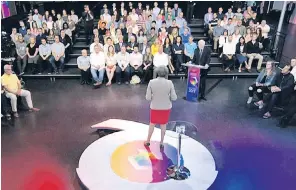  ??  ?? Centre stage: Prime Minister Theresa May (left and right) during BBC One’s Question Time: Leaders Special presented last night by David Dimbleby from the campus of the University of York. First Mrs May took questions from the audience then departed...