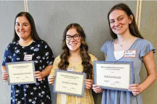  ?? CONTRIBUTE­D ?? The Butler County Retired Teachers Associatio­n announced the scholarshi­p winners. These high school students will each be pursuing a college career in the field of education and each received $1,000 to help them achieve this goal. Pictured from left are Caroline Von Hollle from Middletown High School, Victoria Claprood from Monroe High School, and Olivia Mueller from Ross High School.