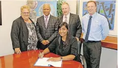  ?? Supplied ?? DR SHIVANI Pillay in 2016 at the start of the bursary programme. She is pictured with Mande Toubkin (Netcare’s general manager); Dr Magome Masike (then-North West Health MEC), Dr Andrew Robinson (head of clinical services at the North West Department of Health) and Peter Warrener (Netcare Foundation director). |