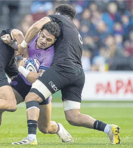  ?? ?? ↑ Sione Tuipulotu has been deployed more as an inside centre for Scotland and impressed against New Zealand. Above left, Tuipulotu enjoyed playing between Finn Russell and Chris Harris. Left, Tuipulotu training at Oriam earlier this week