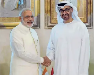 ??  ?? STRONG PARTNERSHI­P: Sheikh Mohamed bin Zayed and Narendra Modi during the latter’s two-day visit to the UAE in 2015. This Saturday, the two leaders are expected to hold talks in Abu Dhabi.
