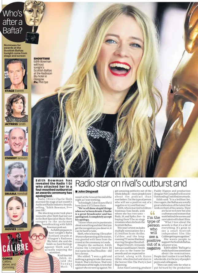  ??  ?? SHOWTIME Edith Bowman will host tonight’s Scottish Baftas at the Radisson Blu hotel in Glasgow Pic Phil Dye