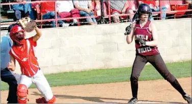  ?? MARK HUMPHREY ENTERPRISE-LEADER ?? Lauren Blackburn, a Farmington catcher, stops a pitch at the plate with Lincoln’s Ashtyn Rothrock batting. The Lady Wolves were dusted off 15-0 in three innings by the Lady Cardinals.
