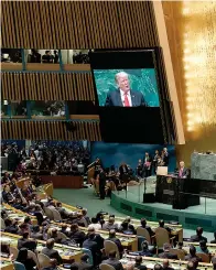  ?? AP Photo/Bebeto Matthews ?? ■ President Donald Trump addresses the United Nations General Assembly on Tuesday at U.N. headquarte­rs.