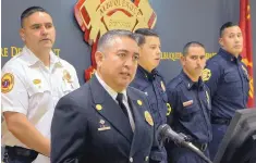  ?? GREG SORBER/JOURNAL ?? Chihuahua Fire Chief Joel Estrada speaks at a news conference at the Albuquerqu­e Fire Department Academy where three of his firefighte­rs who will be part of the 90th cadet class were introduced on Wednesday.
