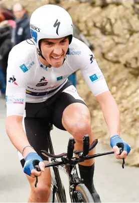  ??  ?? France’s Julian Alaphilipp­e on his way to a dominant victory in the 145km individual time-trial, the fourth stage of the 75th edition of the Paris-Nice cycling race, between Beaujeu and Mont Brouilly, on Wednesday. (AFP)