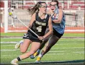  ?? James Franco / Special to the Times Union ?? Queensbury’s Brigid Duffy, left, had seven goals in a win vs. Burnt Hills-ballston Lake.