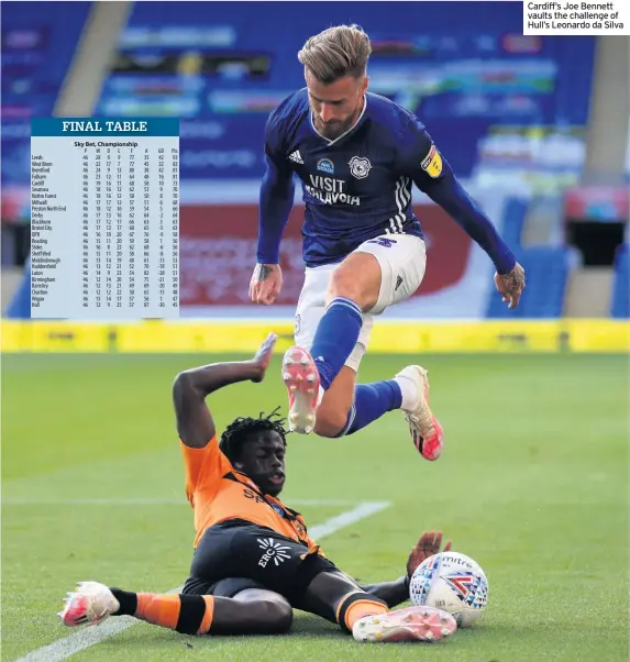  ??  ?? Cardiff’s Joe Bennett vaults the challenge of Hull’s Leonardo da Silva