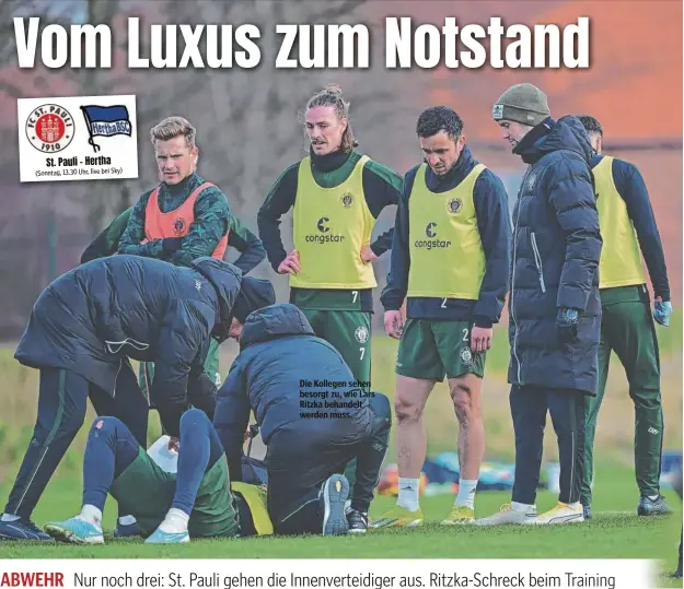  ?? ?? St. Pauli - Hertha (Sonntag, 13.30 Uhr, live bei Sky)
Die Kollegen sehen besorgt zu, wie Lars Ritzka behandelt werden muss.