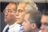  ?? UMA SANGHVI/PALM BEACH POST ?? Jeffrey Epstein, center, appears in court in West Palm Beach, Florida, in 2008. The financier and convicted sex offender was back in court Monday.