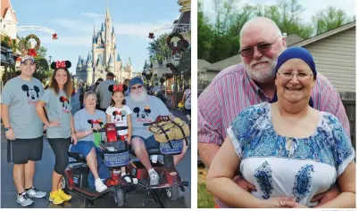  ?? SUBMITTED PHOTOS ?? Left: Sharon Runyan, center, recently went to Disney World with her family not only to celebrate surviving breast cancer but also her husband overcoming his health problems. From left, Sharon’s son-in-law Russell Powell, daughter Rachel Powell, Sharon, granddaugh­ter Raeghan Powell and husband Jerry Runyan, pose for a photo in the Magic Kingdom. Right: Sharon said her husband, Jerry, stayed by her side throughout her breastcanc­er battle.