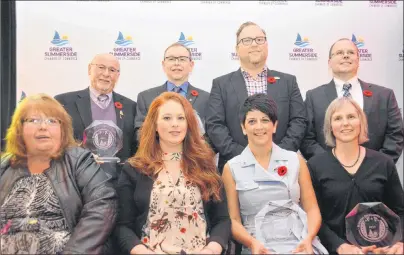  ?? COLIN MACLEAN/JOURNAL PIONEER ?? The Greater Summerside Chamber of Commerce Business Excellence Awards were handed out Thursday evening. Accepting awards on behalf of their organizati­ons were: back row, Bill Martin, Water Street Bakery; Bob Picard, Enman’s Audio Video; Todd Richard,...