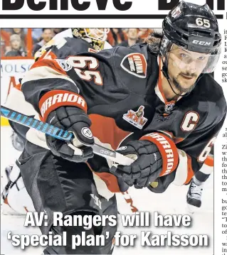  ?? AP ?? REAL DEAL: Alain Vigneault said Senators captain Erik Karlsson, one of the Norris Trophy finalists, is in a “league of his own” with what he can do with the puck.