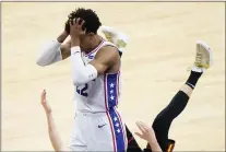  ?? MATT SLOCUM - THE ASSOCIATED PRESS ?? Sixers defensive specialist Matisse Thybulle, left, can’t believe he just fouled the Hawks’ Kevin Huerter, right, during a three-point attempt late in the second half of Game 7Sunday night at Wells Fargo Center.