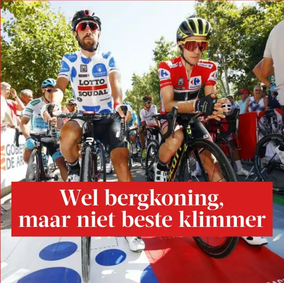  ??  ?? Bergkoning in spe Thomas De Gendt staat naast rode trui Simon Yates aan de start.