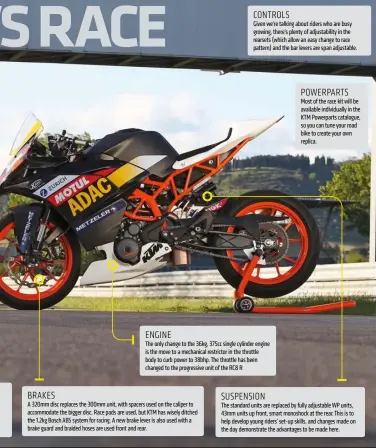  ??  ?? Brakes A 320mm disc replaces the 300mm unit, with spacers used on the caliper to accommodat­e the bigger disc. Race pads are used, but KTM has wisely ditched the 1.2kg Bosch ABS system for racing. A new brake lever is also used with a brake guard and...