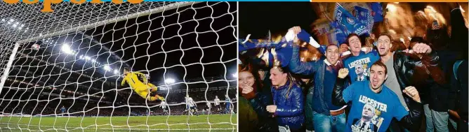  ??  ?? Gol de Hazard (Chelsea) contra Tottenham, que levou o jogo a 2 a 2 e deu o título ao Leicester Torcedores celebram triunfo em rua de Leicester, cidade com cerca de 330 mil habitantes