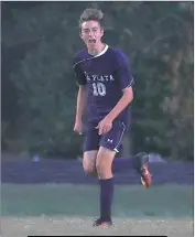  ??  ?? La Plata’s Seth Depriest-Kessler connected the first goal of the game to put his team up 1-0 in Tuesday’s SMAC championsh­ip game at Leonardtow­n. The Raiders ended up scoring three second-half goals to win the title, 3-1. PHOTO BY ROB WORMAN